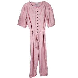 Madewell Pink Linen Puff Sleeve Jumpsuit XL Tassel Tie Cuffed Tapered Coastal